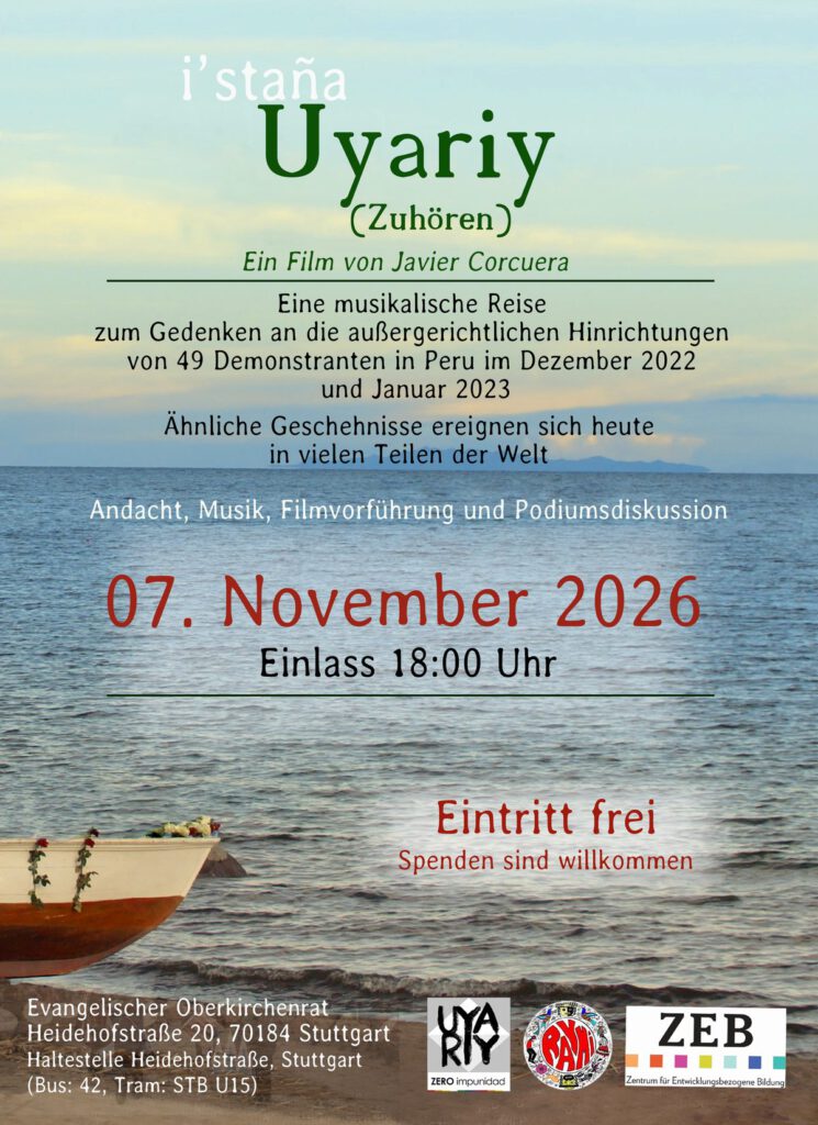 Plakat: i'staña Uyariy (Zuhören) – Gedenkveranstaltung am 07.11.2026, Evangelischer Oberkirchenrat Stuttgart